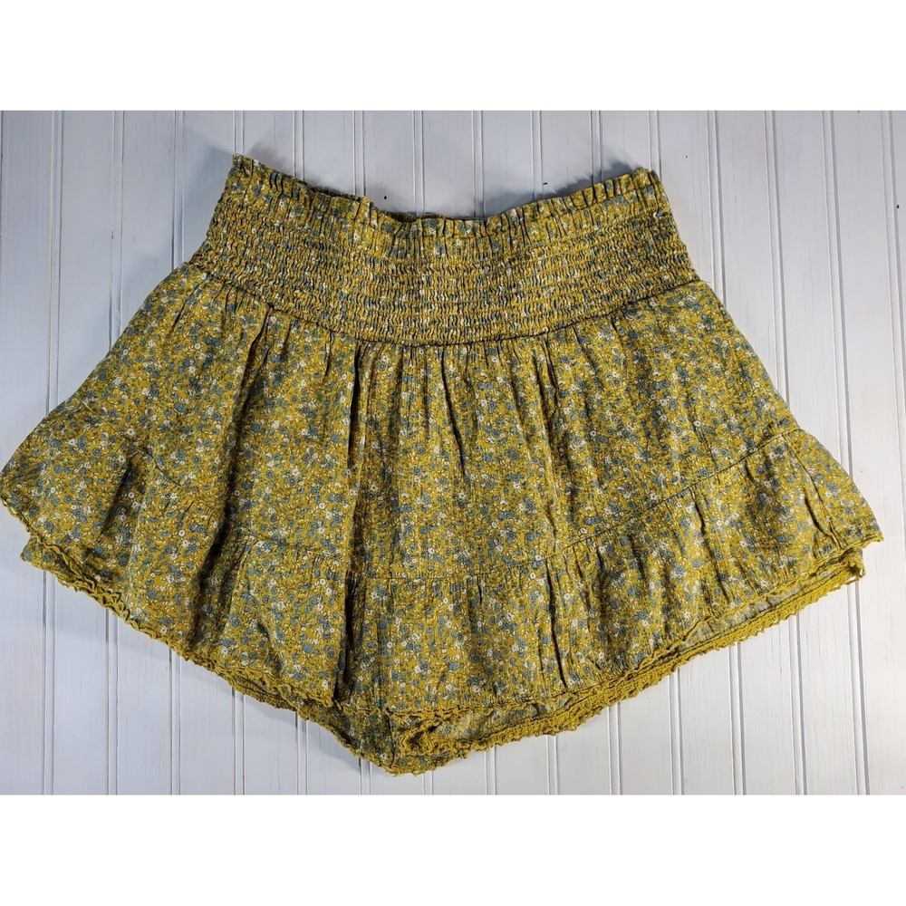 Aeropostale Green Yellow Floral High-Waisted Smocked Ruffle Skort Size Medium